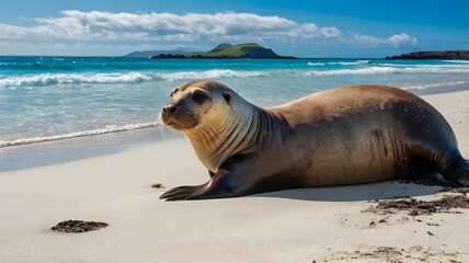 Relaxed Galápagos Sea Lion Resting on a Sandy Beach with Turquoise Ocean Backdrop