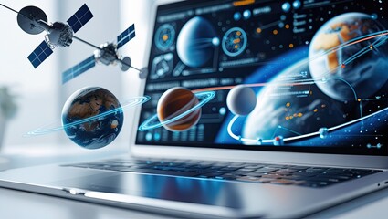 Futuristic holographic interface displaying business analytics, marketing strategies, and e-commerce solutions with interactive panels, AI-driven insights, and digital innovation.