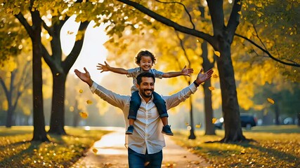 Father carrying his smiling son on his shoulders in a bright park during golden autumn
