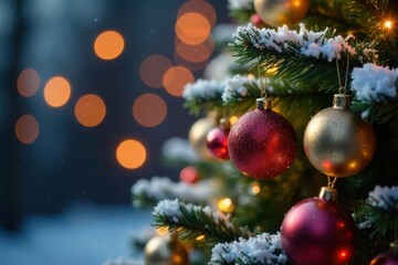 Snow-dusted Christmas tree, shimmering ornaments, bokeh lights , xmas tree, xmas, lights
