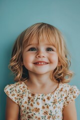 Naklejka premium A young girl with blue eyes and blonde hair smiles gently, her innocence framed by a soft blue background and turquoise background.