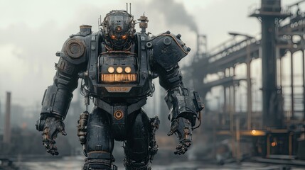 Fototapeta premium Post-apocalyptic robot standing in a desolate landscape of ruins and debris. Detailed metallic armor reflects an industrial and futuristic aesthetic. Generative AI