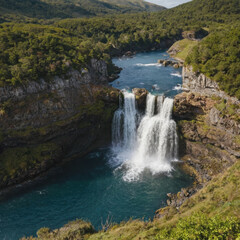Fototapeta premium Waterfall, river, water, landscape, nature, forest, tree, rock, stream, mountain, green, travel, outdoor, scenery and plant flow through majestic cascade of serene beauty