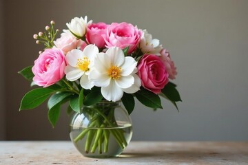 A delicate mix of pink and white flowers in a vase, vases, gardenia