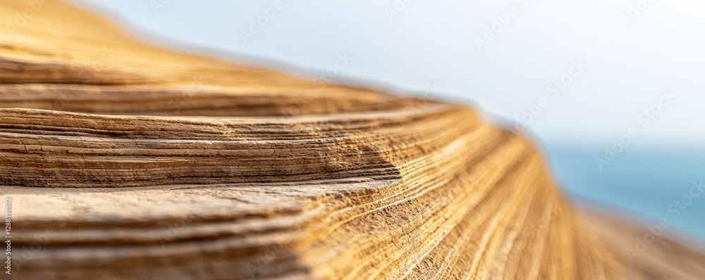 Poster weathering process concept. close-up view of layered rock formations with a soft ocean background.