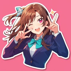 Cheerful Anime Girl in School Uniform Peace Sign Brown Hair Pink Background