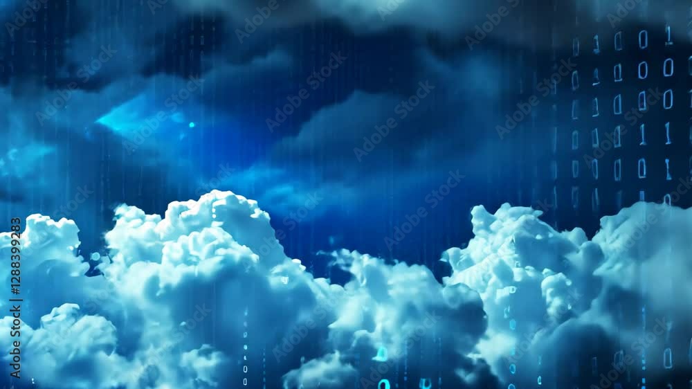 Poster digital clouds intertwine with cascading code in a mesmerizing display, combining elements of nature