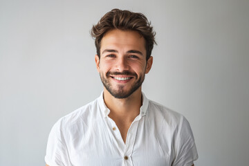 Fototapeta premium a young Caucasian teen in neat attire on a white gray background captures a blend of professionalism and casual confidence.