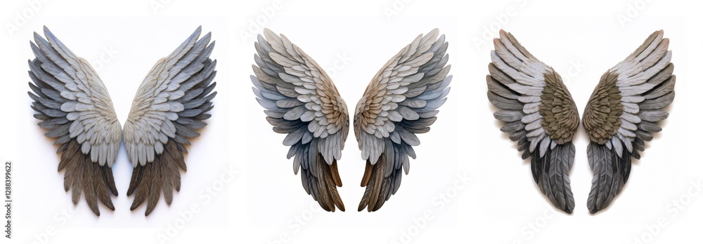 Poster Isolated collection of three pairs of detailed wings. Showcasing varied feather textures and color palettes, on a white background.
