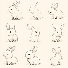 Artistic representation of a rabbit displaying a range of dynamic positions in a sketch