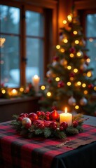 Tanne mit Schmuck aus Blumen und Kerzen in einer gem?tlichen Weihnachtsstube, weihnachten, blumen, tanne