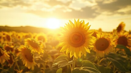 Fototapeta premium Field of vibrant sunflowers basking in golden sunlight during a warm summer evening. A serene natural scene with soft focus on the glowing petals and clear skies. Generative AI