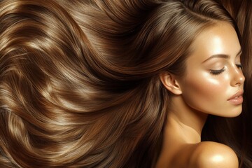 Obraz premium A Young Caucasian Woman with Long, Flowing Chestnut Hair Posed Elegantly Against a Soft Background, Highlighting Glossy Texture and Natural Beauty