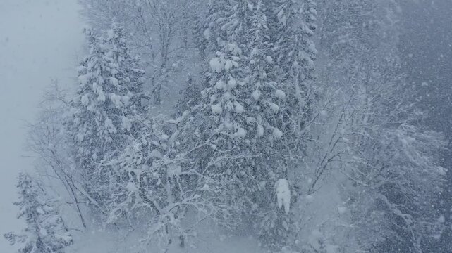 スーパースロー映像：ドローンで空撮した、大雪の日の川の上の風景