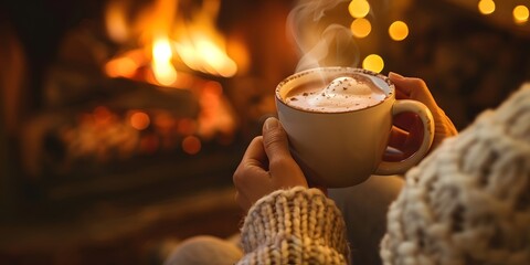 Cozy Cocoa by Fireplace: a person cradles a steaming cup of cocoa in front of a crackling fireplace, casting a warm and inviting glow over the scene.