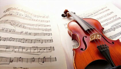 Naklejka premium Música: violín y partituras; para conciertos, clases de música, pancartas, miniaturas.