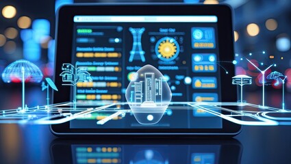 Interactive holographic panel displaying elements of e-commerce and marketing, featuring digital charts, analytical data, icons, and trends in the field of technology.