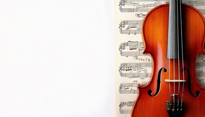 Fototapeta premium Music: white copy space for violin and sheet music, notation and margins; for music templates, concerts, music lessons, banners, thumbnails.