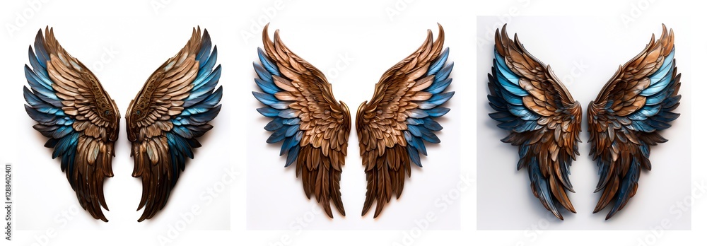 Poster isolated collection of three pairs of wings, showcasing brown and blue feathers. each set is distinc