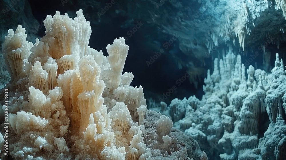 Poster weathering process concept. stunning underwater cave with unique rock formations illuminated by soft