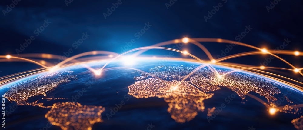 Poster global workforce connection overview with network links and illuminated map