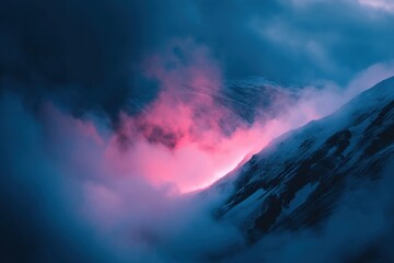 Volcanic crater at dawn with steam rising against a colorful sky. Generative AI