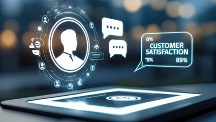 Interactive holographic panel displaying elements of e-commerce and marketing, featuring digital charts, analytical data, icons, and trends in the field of technology.