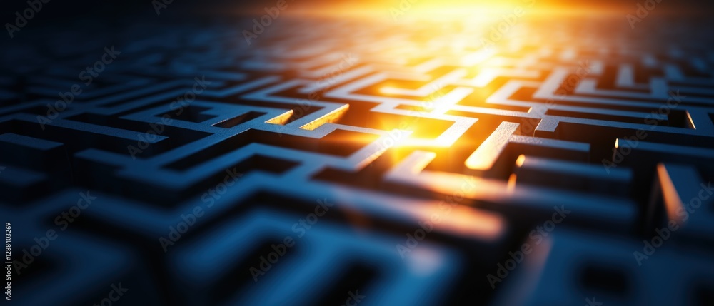 Poster panoramic view of maze with arrows indicating clear escape path at twilight