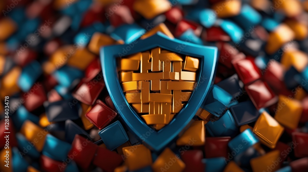 Poster digital shield protecting sensitive data with colorful symbols and patterns
