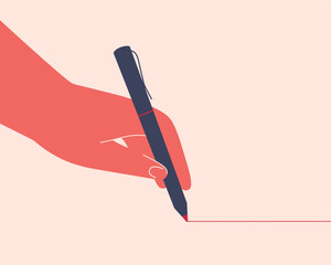 human hand holding a pen and drawing a straight red line with it, setting boundaries, building strategy or business plans, control line, metaphor, vector illustration