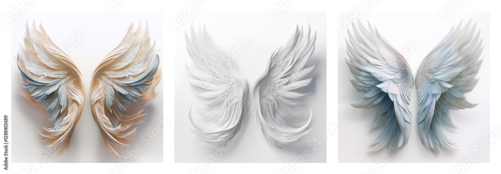 Poster isolated collection of three delicate wings. different feather details and soft, ethereal colors on 