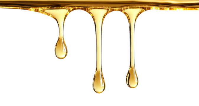 Thick golden oil dripping smoothly, isolated on transparent cutout background