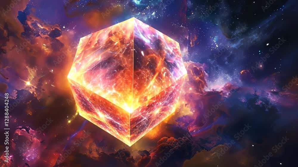 Poster exploring the intricacies of time in the fourth dimension within a cosmic cube surrounded by celesti