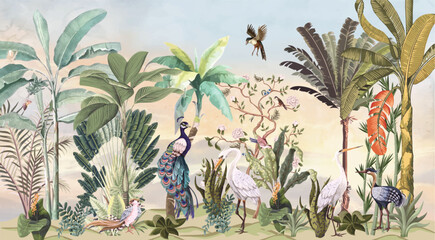 Print with peonies trees, bamboo and birds in chinoiserie style,Tropical nature mural Wallpaper. © Sharif
