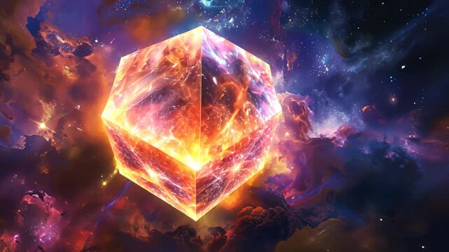 Exploring the Intricacies of Time in the Fourth Dimension Within a Cosmic Cube Surrounded by Celestial Wonders and Colorful Nebulae
