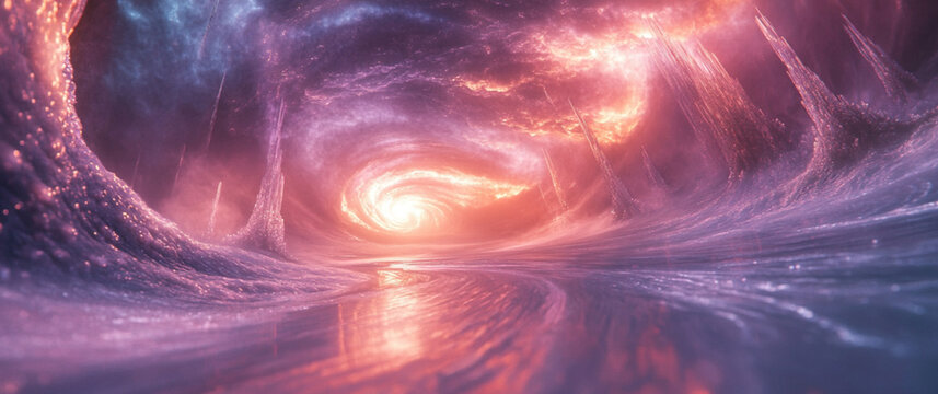 Abstract Long Wide Low Angle Shot introducing an otherworldly realm of pure light, where soft, swirling colors blend with radiant, pulsating glows. At the center of the frame