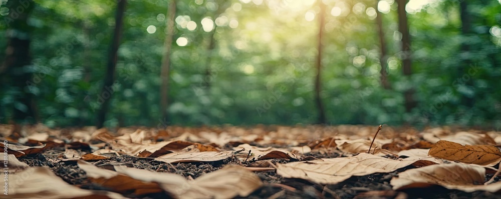 Poster weathering process concept. close-up of fallen leaves on forest floor with soft sunlight filtering t