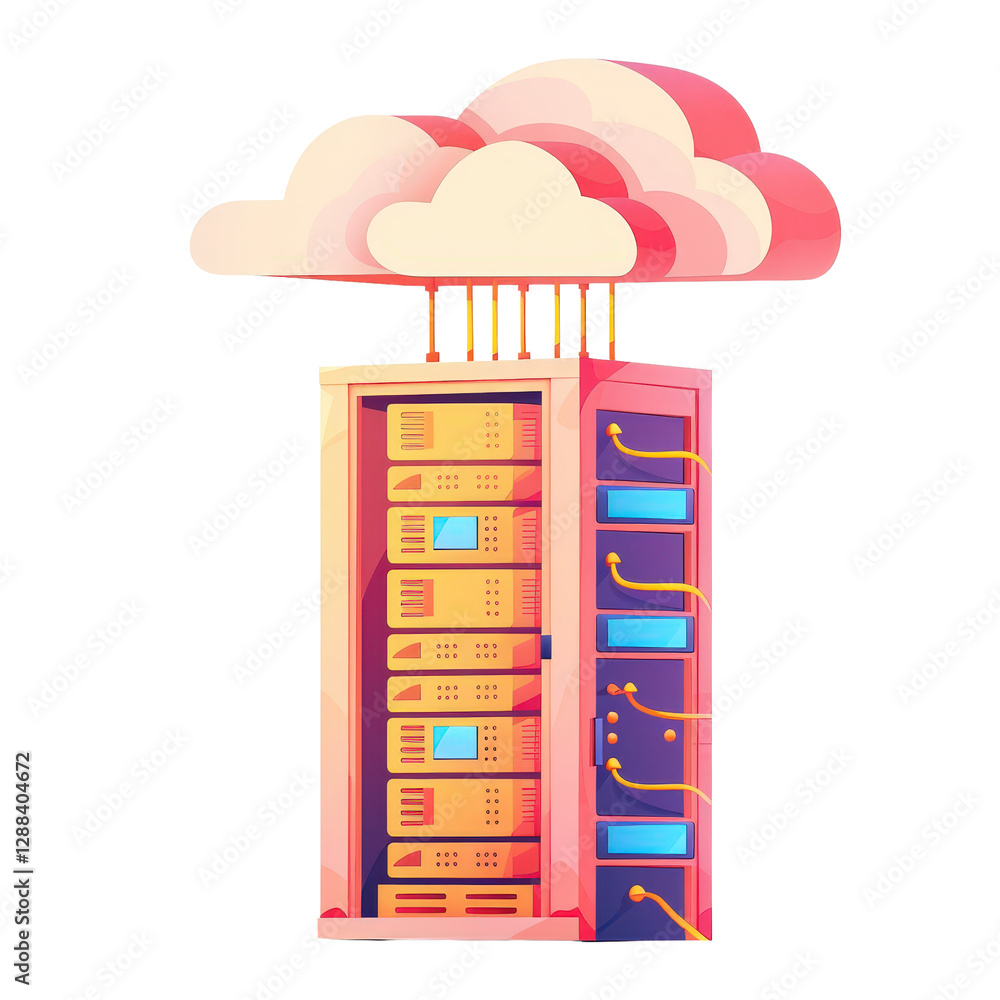 Poster colorful illustration of cloud computing concept with server rack and connected clouds for digital s