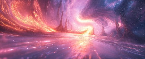 Abstract Long Wide Low Angle Shot introducing an otherworldly realm of pure light, where soft, swirling colors blend with radiant, pulsating glows. At the center of the frame