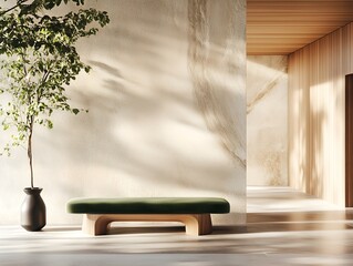 Minimalist hallway with green upholstered bench and textured walls. Ideal for interior design mockup and advertisement. Generative AI.