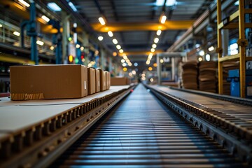 Fototapeta premium Cardboard boxes are lined up on a conveyor belt inside a busy warehouse, with various equipment and lights illuminating the bustling environment
