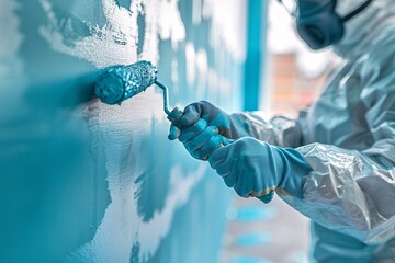 A person in a protective suit and blue gloves is actively painting a wall with a roller, applying a bright turquoise color. The setting is well-lit, enhancing the lively atmosphere of the task