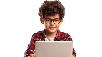 Young boy engaged in learning on laptop home office png transparent background white environment modern concept