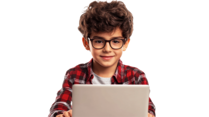 Young boy engaged in learning on laptop home office png transparent background white environment modern concept