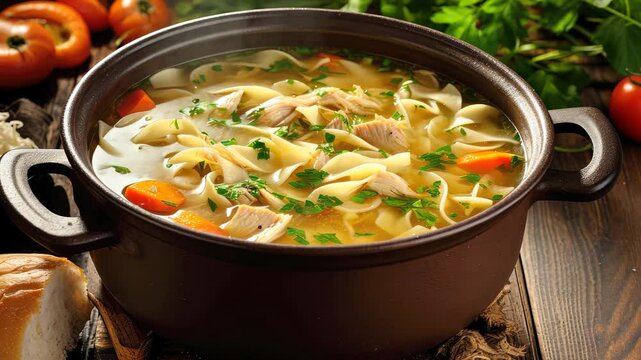 A rustic pot of homemade chicken noodle soup with fresh vegetables and herbs, served in a cozy kitchen setting with bread on the side, perfect for a comforting meal during colder months