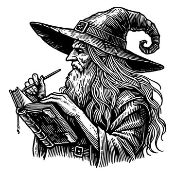 recommend clip art: old wizard with a long beard, wearing a pointed hat, writing spells in a mystical book sketch engraving generative ai PNG illustration. Scratch board imitation. Black and white image.