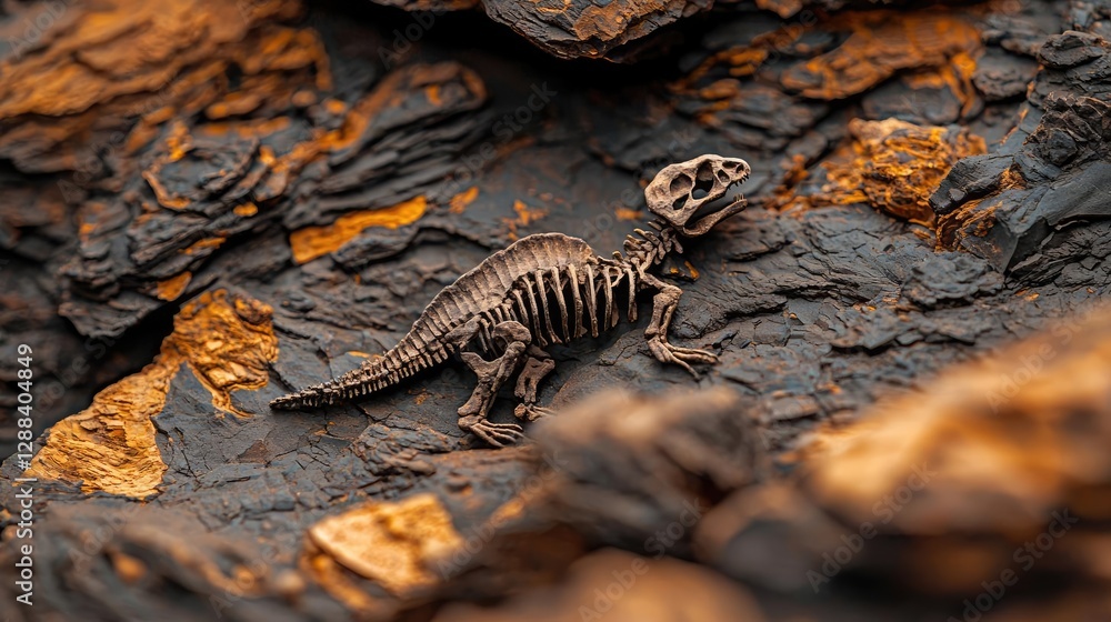 Poster weathering process concept. a detailed view of a dinosaur skeleton embedded in rocky terrain.