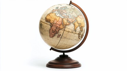 A vintage style globe of the world on a dark wooden stand against a plain background