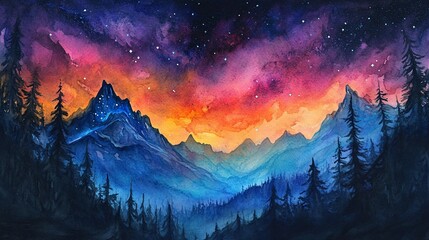 Naklejka premium Watercolor painting of a mountain landscape at night with stars and a colorful sky