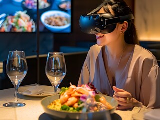 Virtual Dining Experience: A woman immersed in a virtual reality dining experience, glasses and plate of food, capturing a fusion of technology, gastronomy, and a hint of futuristic charm.